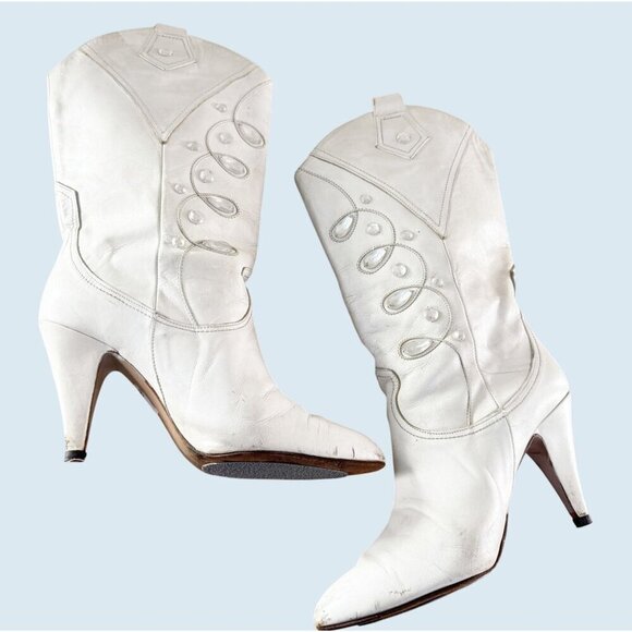 Sacha London Shoes - Vintage SACHA LONDON White Leather Embellished Western Boots 1980s Sz 7.5